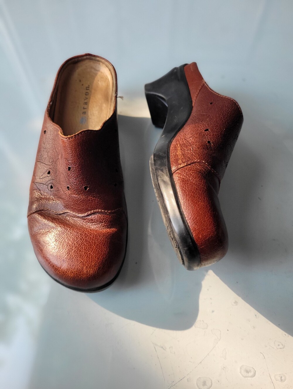 Aravon Brown Leather Slip-On Clog Mules